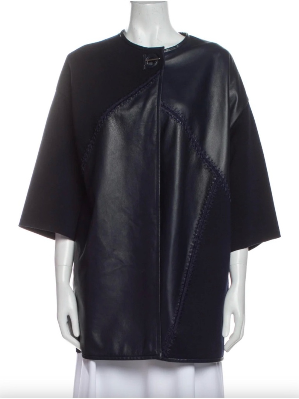 Salvatore Ferragamo Women's Navy Blue  Leather & Wool Panel Coat